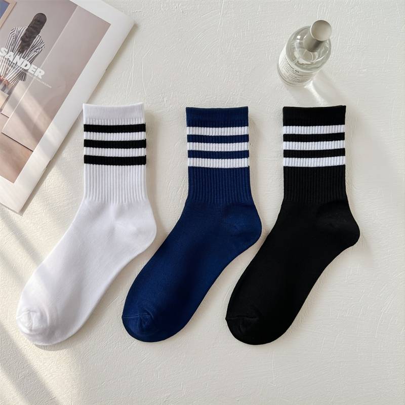 3 Pack - 3 Stripe Athletic Sock - Black - Navy - White - Size 6-11
